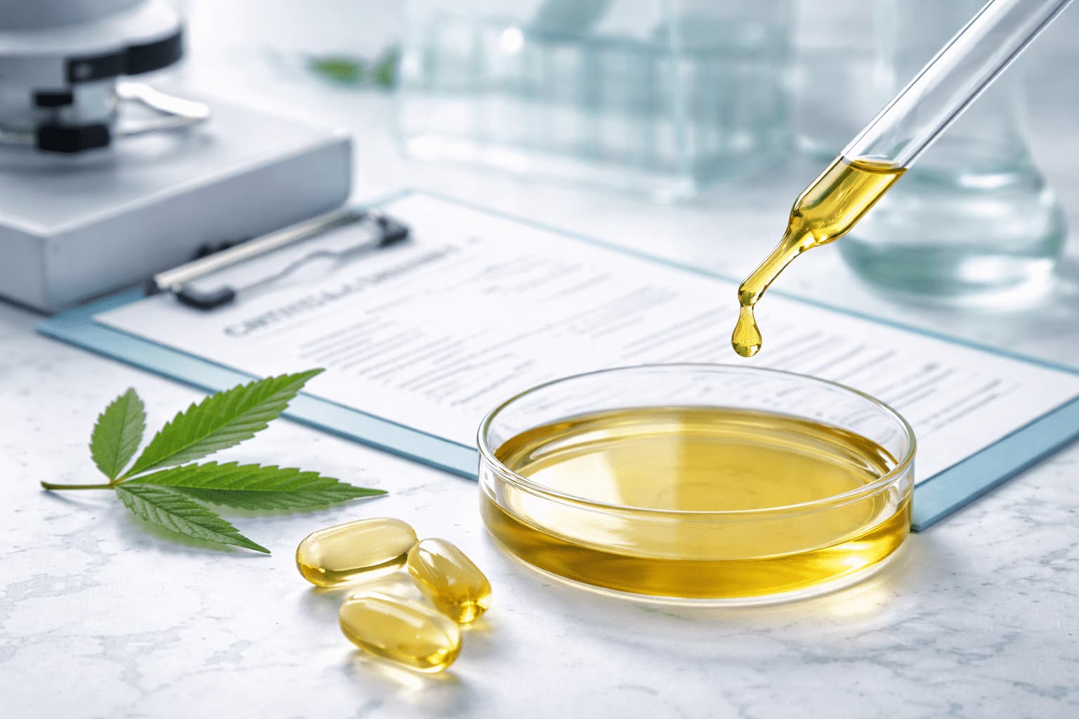 Лабораторна перевірка CBD-олії: піпетка з краплею над чашкою Петрі, капсули та сертифікат аналізу COA на фоні.