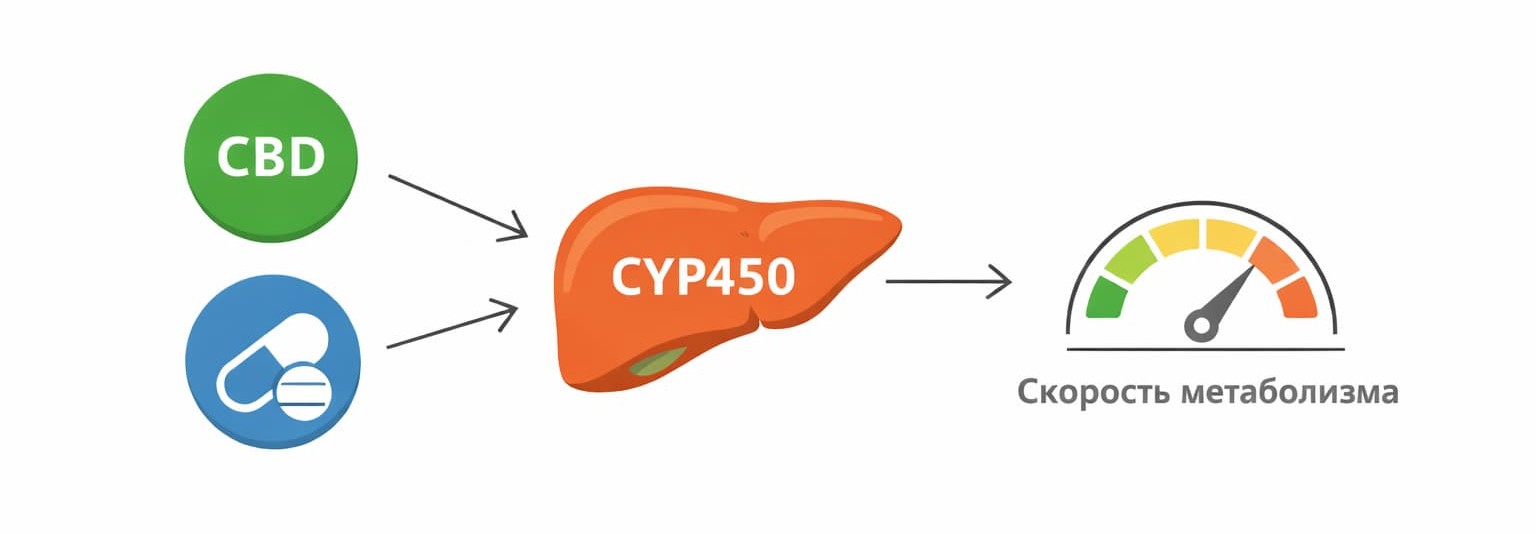 Схема взаимодействия CBD и лекарственных препаратов через ферменты CYP450 в печени и влияния на скорость метаболизма
