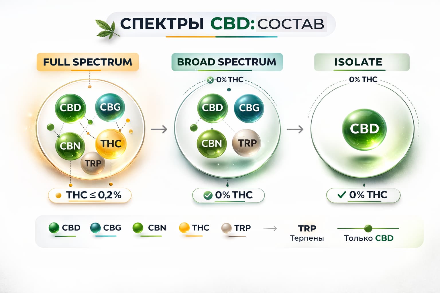 Инфографика сравнения спектров CBD: Full Spectrum, Broad Spectrum и Изолят с указанием THC, CBG, CBN и терпенов