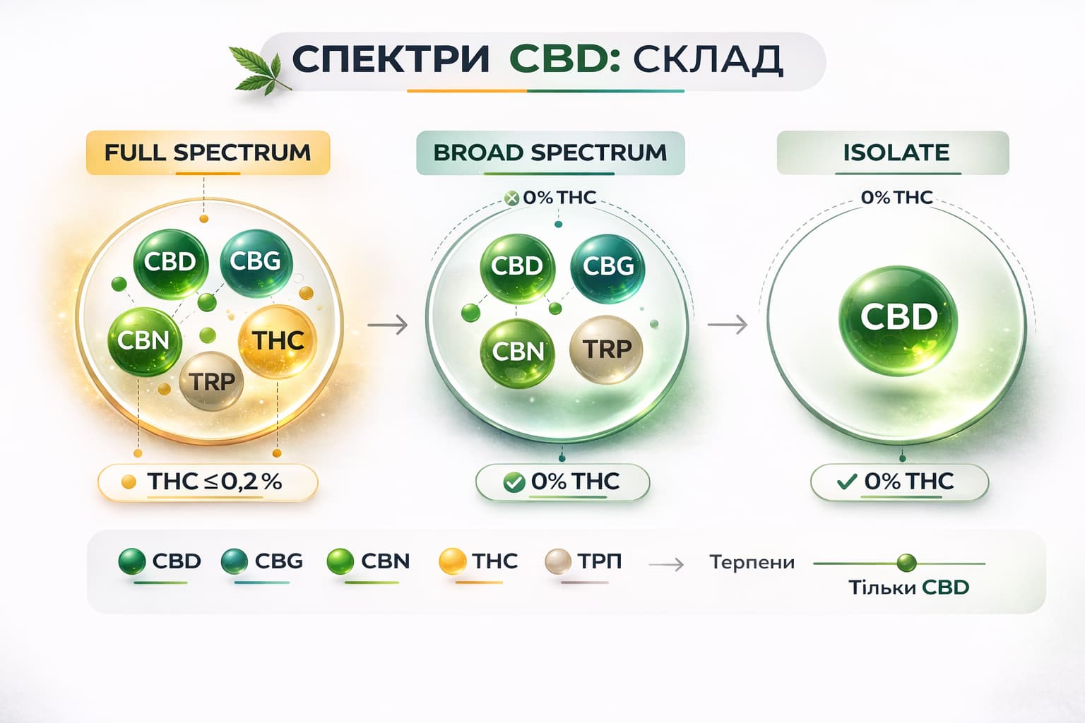 Інфографіка порівняння спектрів CBD: Full Spectrum, Broad Spectrum та Ізолят з позначенням THC, CBG, CBN і терпенів