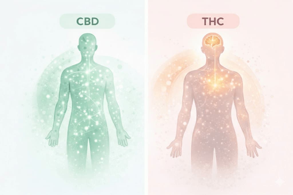 Інфографіка: різниця впливу CBD та THC на організм людини — рівномірна дія CBD та концентрований вплив THC на мозок